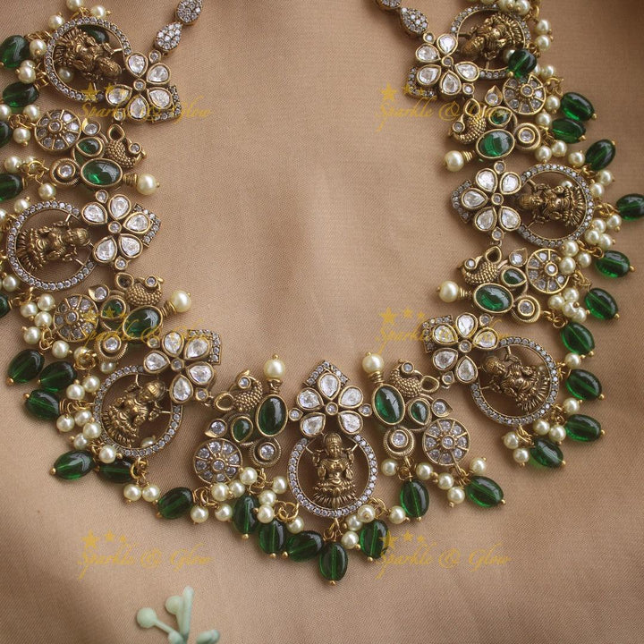 Beautiful Lakshmi floral design Victorian AD short necklace with pearls and lite pink beads - green - Sparkle and Glow