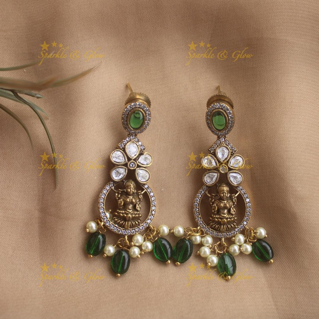 Beautiful Lakshmi floral design Victorian AD short necklace with pearls and lite pink beads - green - Sparkle and Glow