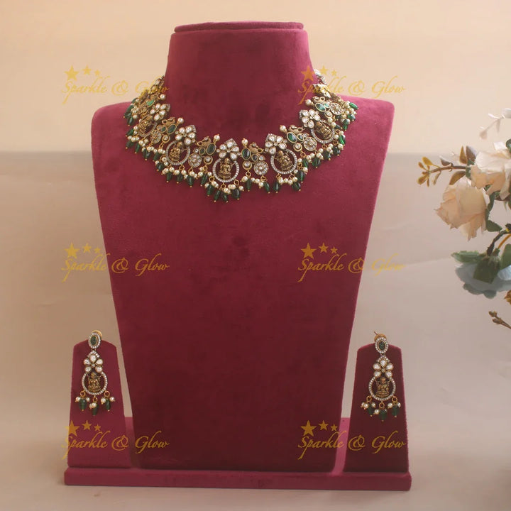 Beautiful Lakshmi floral design Victorian AD short necklace with pearls and lite pink beads - green - Sparkle and Glow