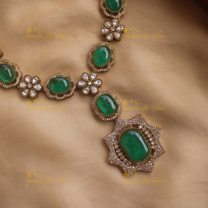 Exclusive Floral and stone Victorian AD long necklace - green