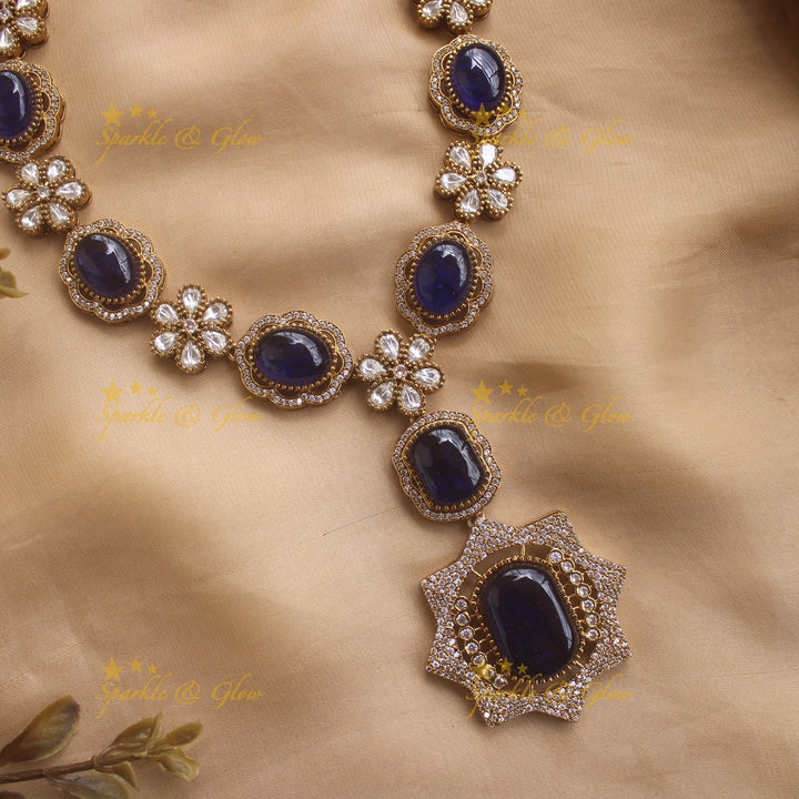 Exclusive Floral and stone Victorian AD long necklace - blue