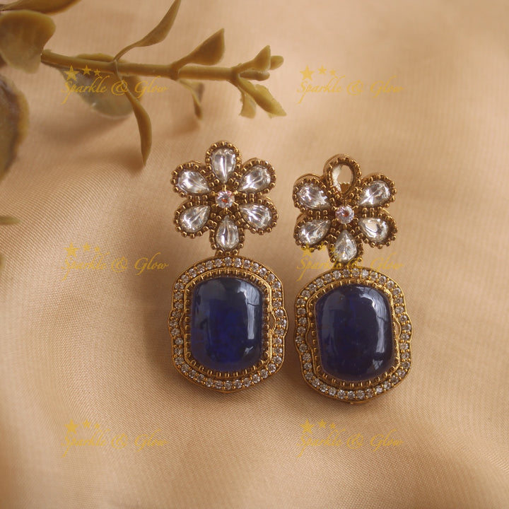 Exclusive Floral and stone Victorian AD long necklace - blue