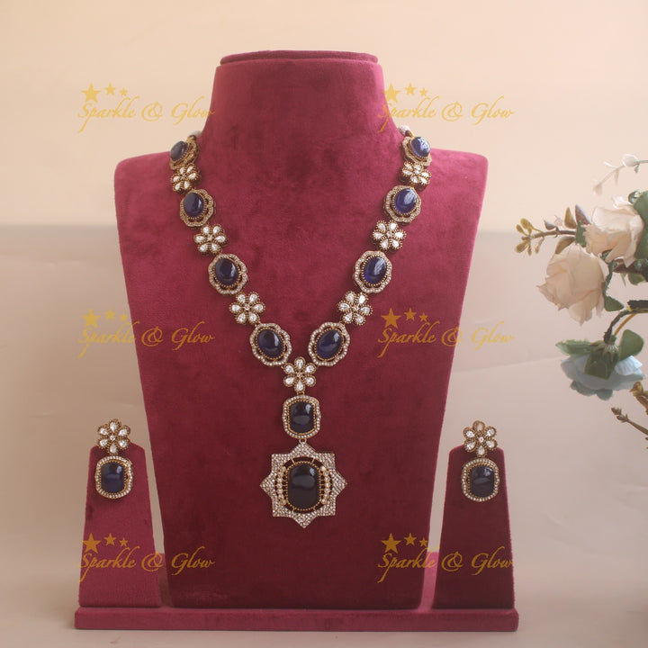 Exclusive Floral and stone Victorian AD long necklace - blue