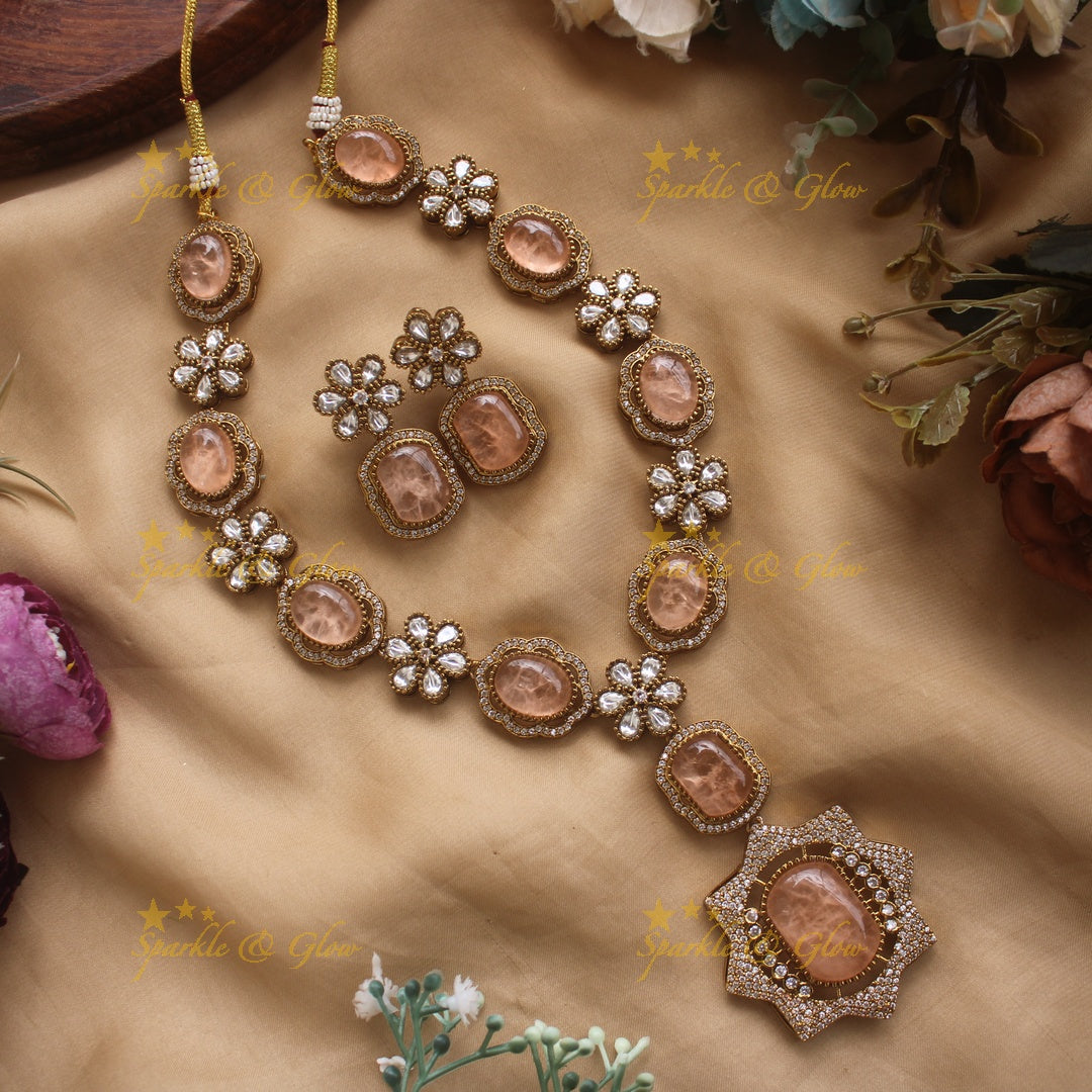 Exclusive Floral and stone Victorian AD long necklace - navaratna