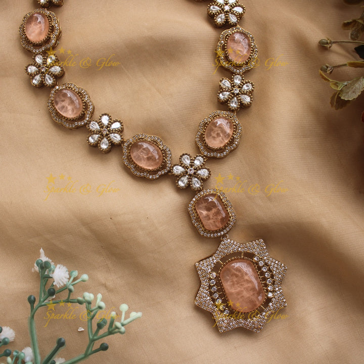 Exclusive Floral and stone Victorian AD long necklace - peach