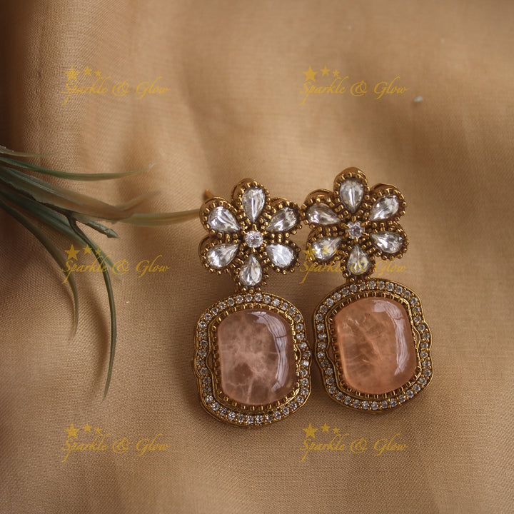 Exclusive Floral and stone Victorian AD long necklace - peach
