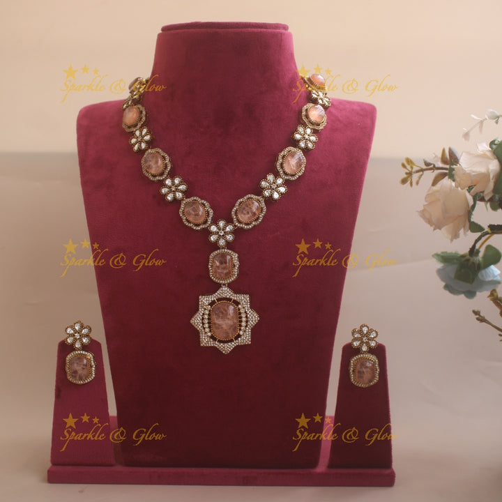 Exclusive Floral and stone Victorian AD long necklace - peach