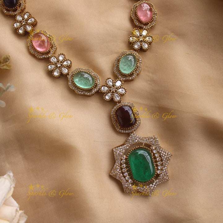 Exclusive Floral and stone Victorian AD long necklace - navaratna