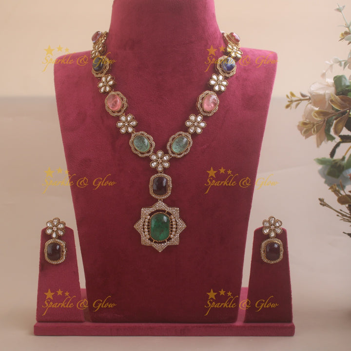 Exclusive Floral and stone Victorian AD long necklace - navaratna