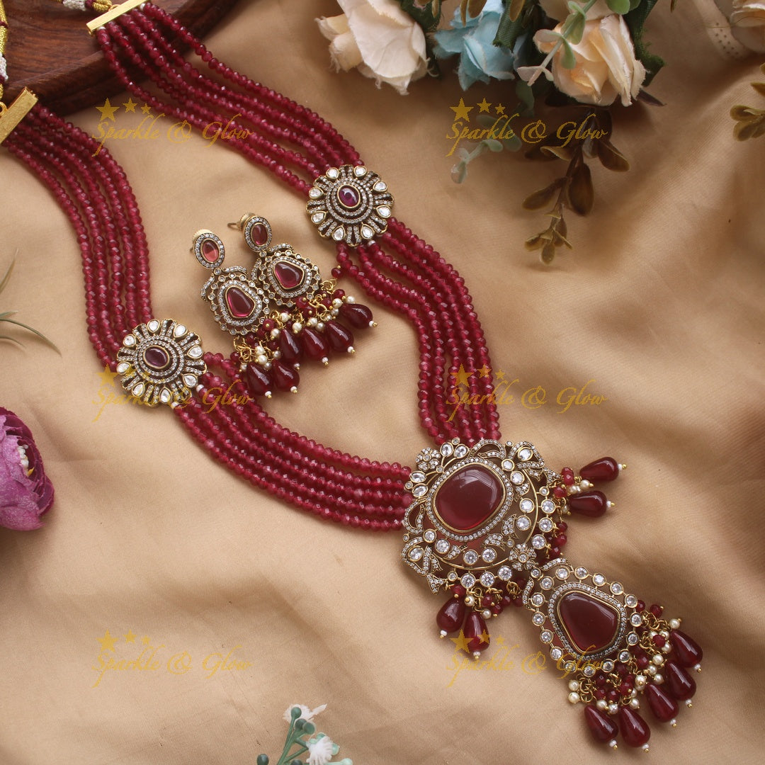 Grand Floral and stone pendant Victorian AD haram with multi layer beads chain  - mintgreen