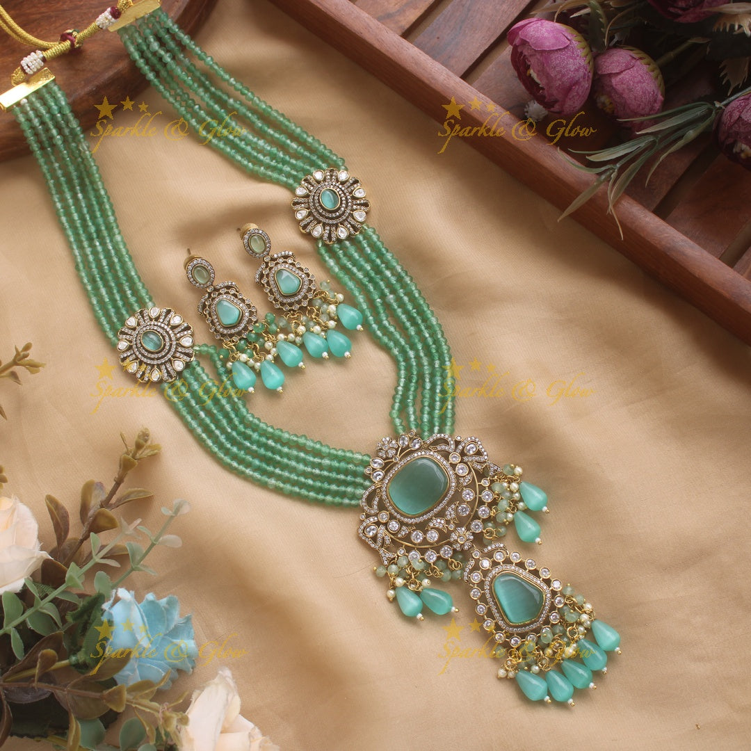 Grand Floral and stone pendant Victorian AD haram with multi layer beads chain  - mintgreen