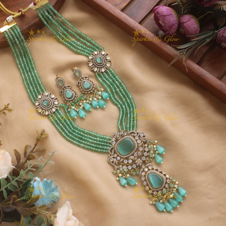 Grand Floral and stone pendant Victorian AD haram with multi layer beads chain  - mintgreen