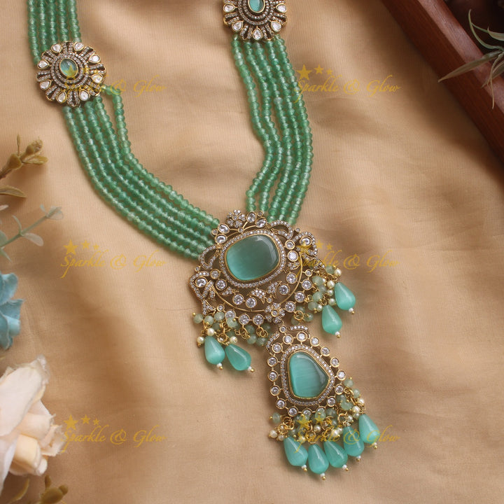 Grand Floral and stone pendant Victorian AD haram with multi layer beads chain  - mintgreen