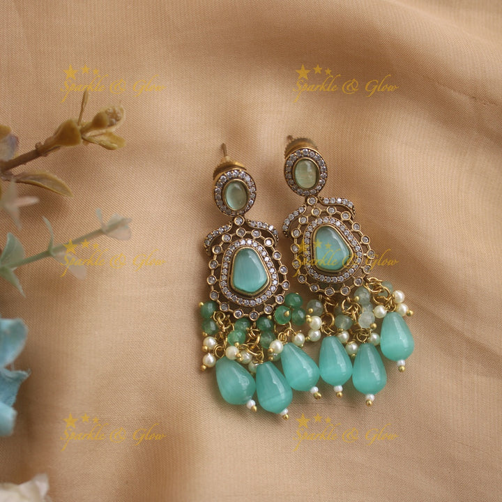 Grand Floral and stone pendant Victorian AD haram with multi layer beads chain  - mintgreen