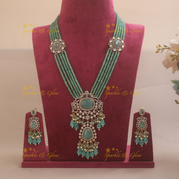 Grand Floral and stone pendant Victorian AD haram with multi layer beads chain  - mintgreen