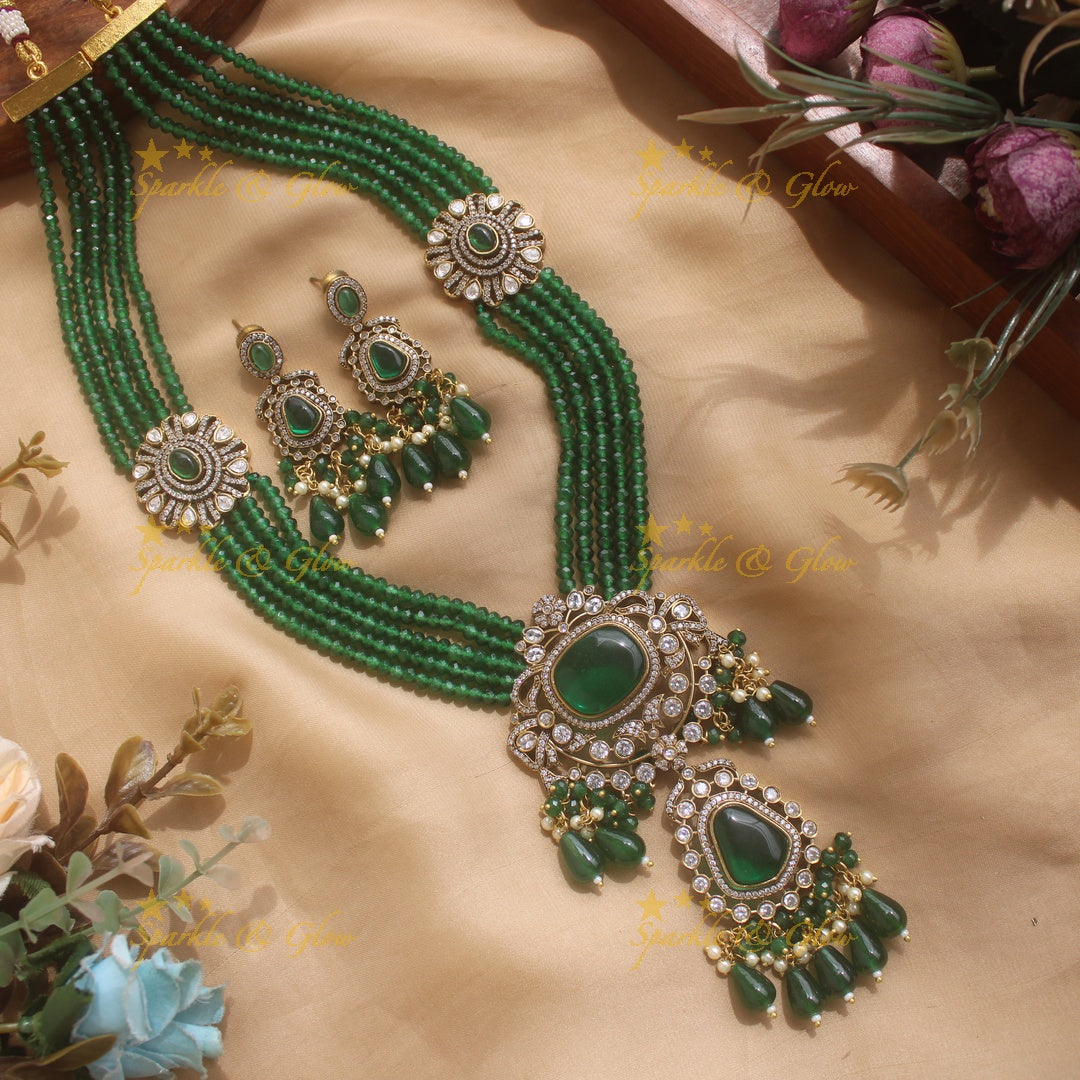Grand Floral and stone pendant Victorian AD haram with multi layer beads chain  - mintgreen