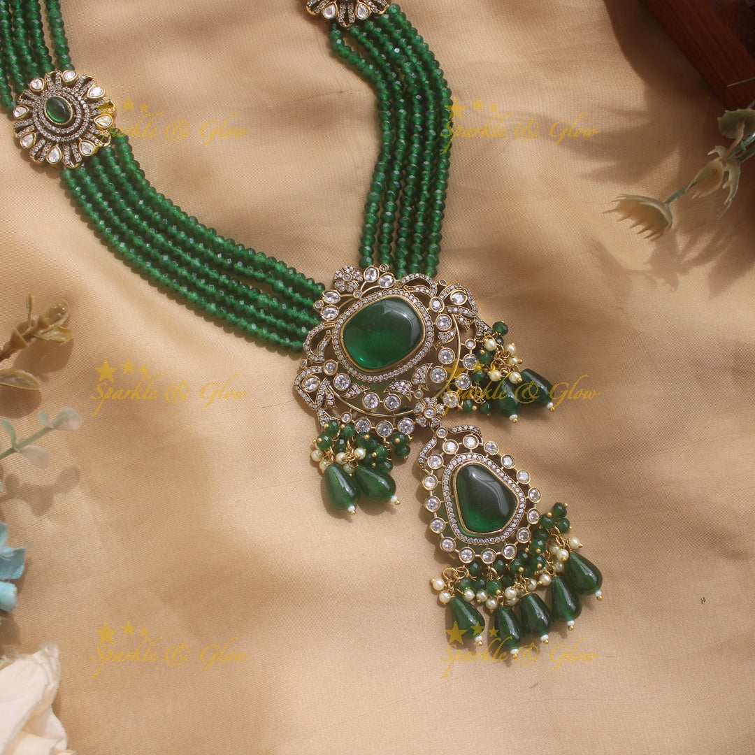 Grand Floral and stone pendant Victorian AD haram with multi layer beads chain  - green