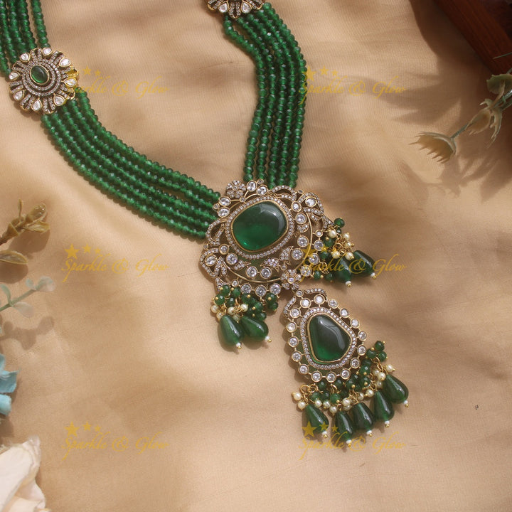 Grand Floral and stone pendant Victorian AD haram with multi layer beads chain  - green