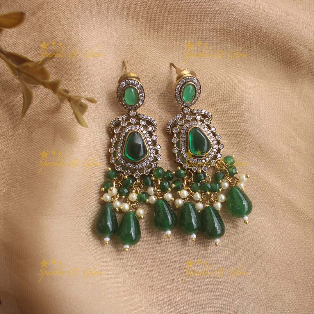 Grand Floral and stone pendant Victorian AD haram with multi layer beads chain  - green