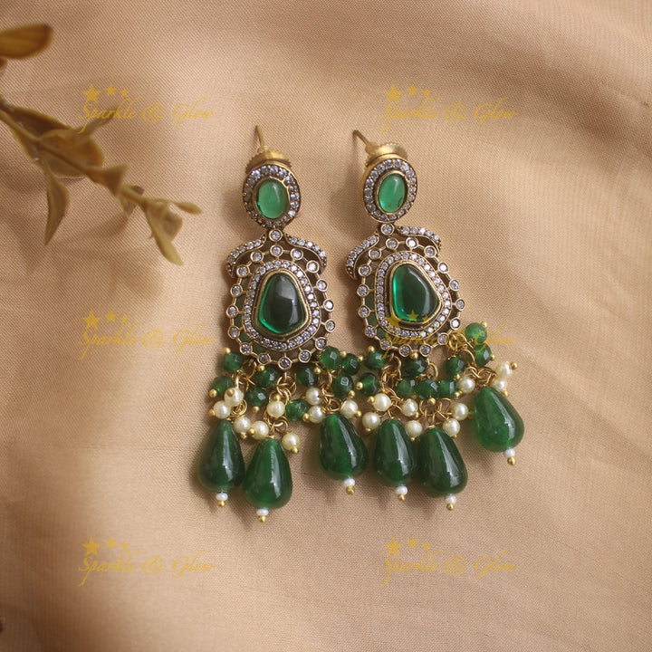 Grand Floral and stone pendant Victorian AD haram with multi layer beads chain  - green