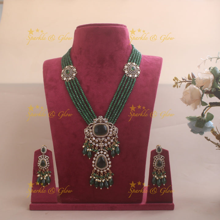 Grand Floral and stone pendant Victorian AD haram with multi layer beads chain  - green