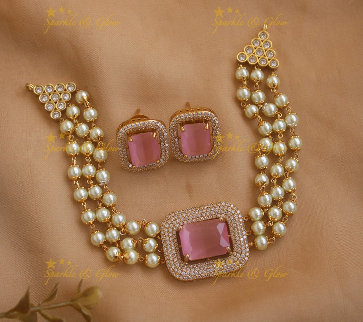 Elegant Moti designer Choker with Stud Earrings Set-Baby pink