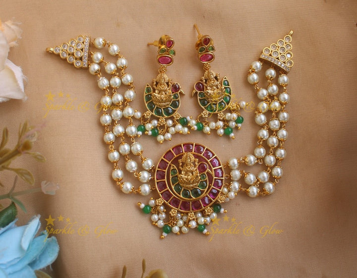 Idol Lakshmi Peacock Kemp Layered Pearl Choker