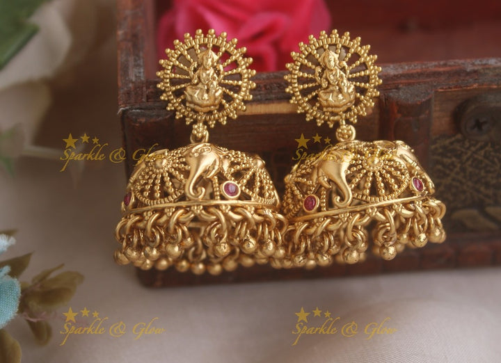 Idol Lakshmi Studded Elephant earrings with gold beads-Red
