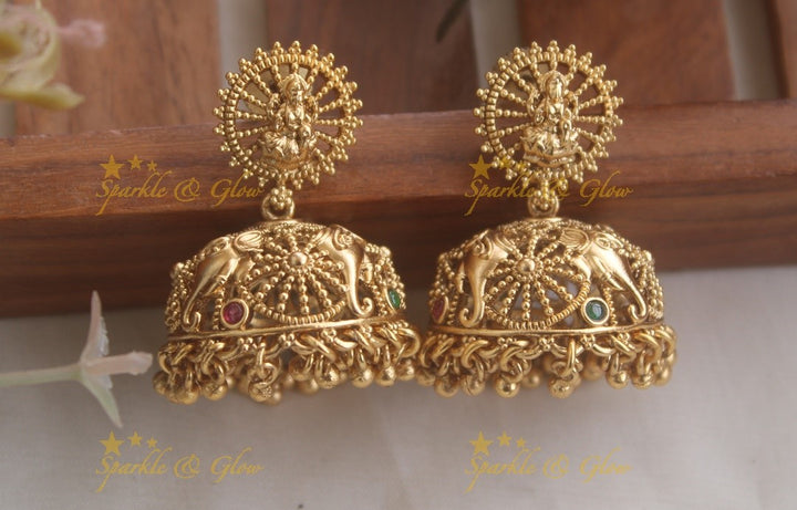 Idol Lakshmi Studded Elephant earrings with gold beads-Red