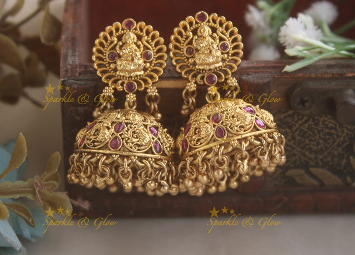 Idol Lakshmi Mandala Studded Peacock Jhumuka-Red