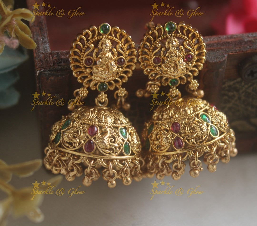 Idol Lakshmi Mandala Studded Peacock Jhumuka-Red