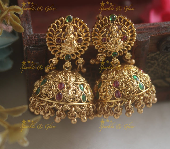 Idol Lakshmi Mandala Studded Peacock Jhumuka-Red