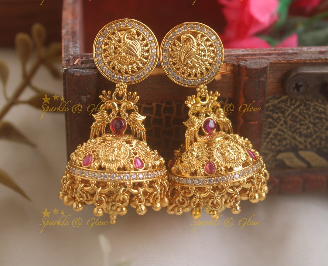 Beautiful Peacock studded lakshmi kemp jhumuka with AD stones