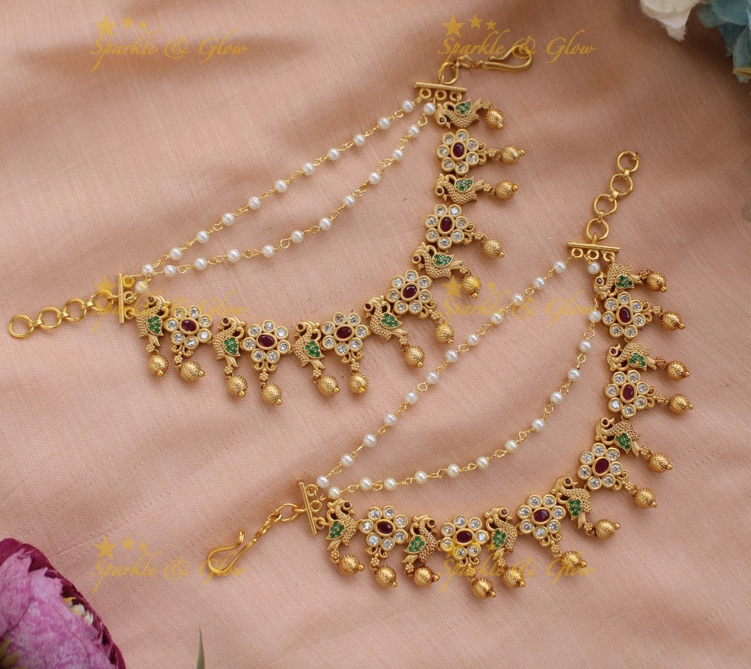 Exclusive Floral Peacock Earchain with Gold beads