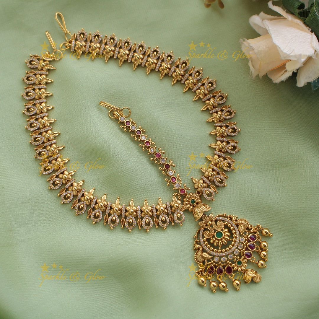 Elegant Peacock Floral Bridal Tikka with Gold beads