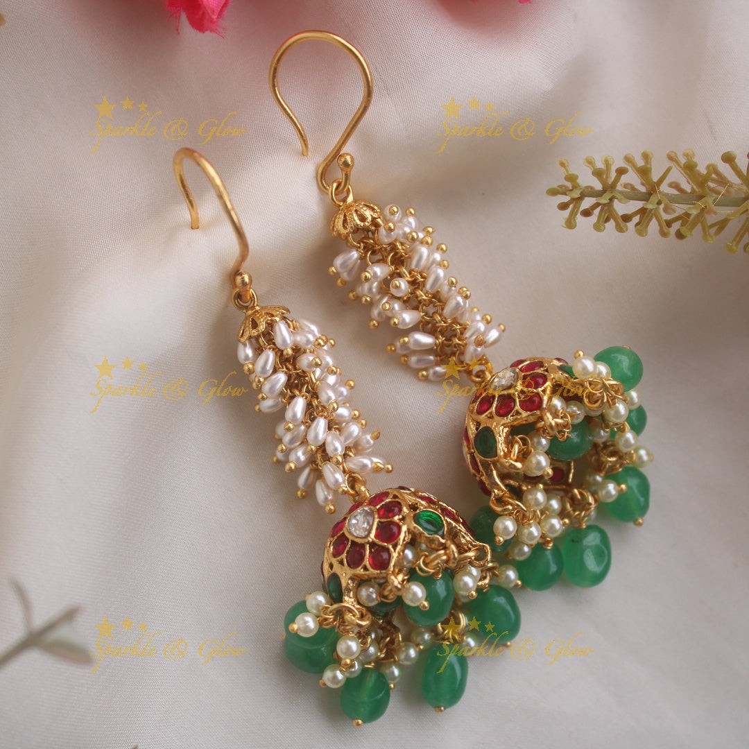 Sparkling Floral Pearl Cluster Earrings With Green Beads