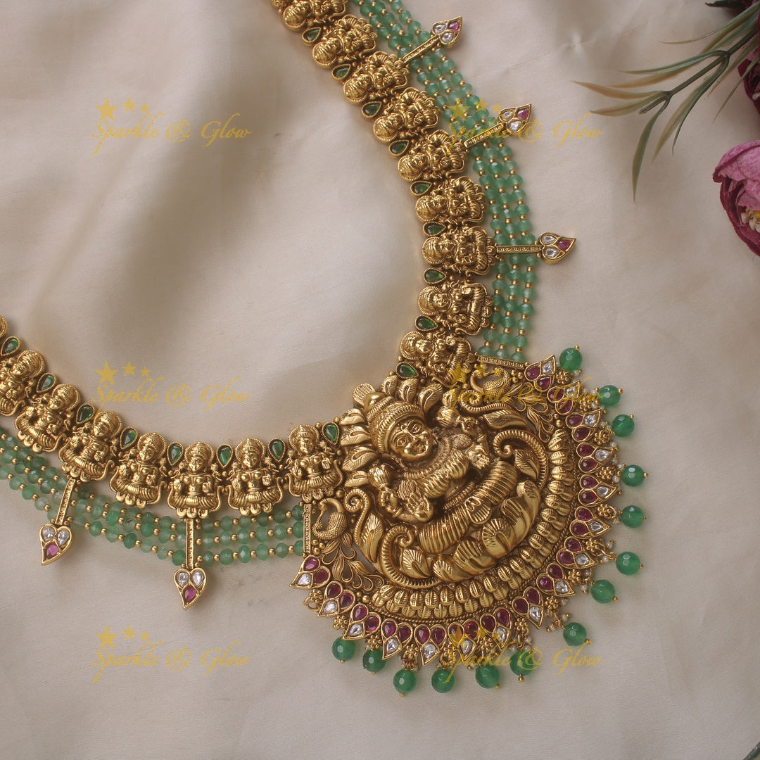Gold alike mint green beads statement Lakshmi haram