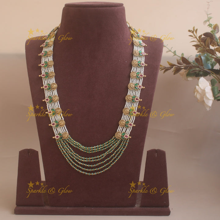 Gold alike statement layered mint and pearl beads rani haram