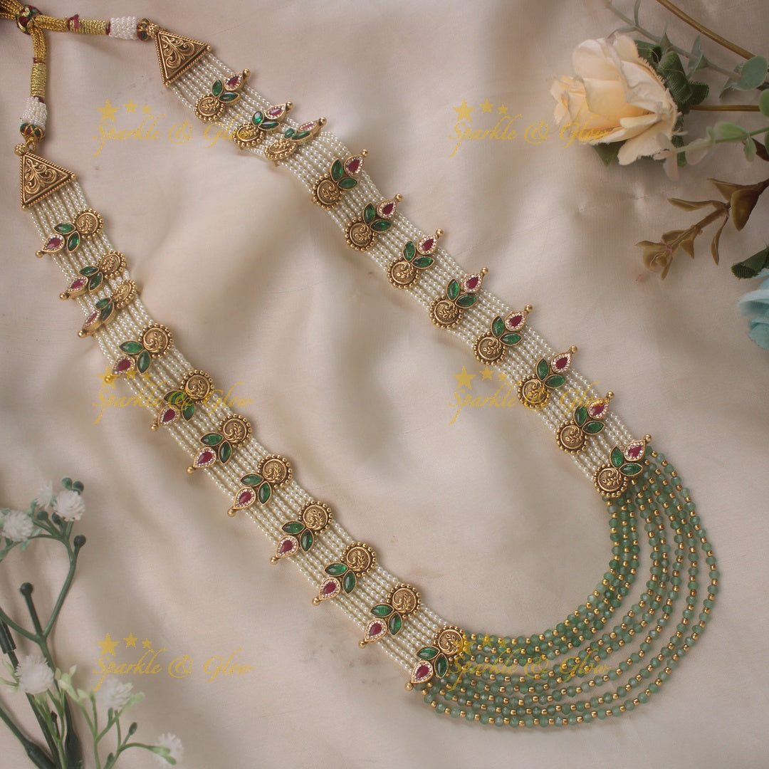 Gold alike statement layered mint and pearl beads rani haram