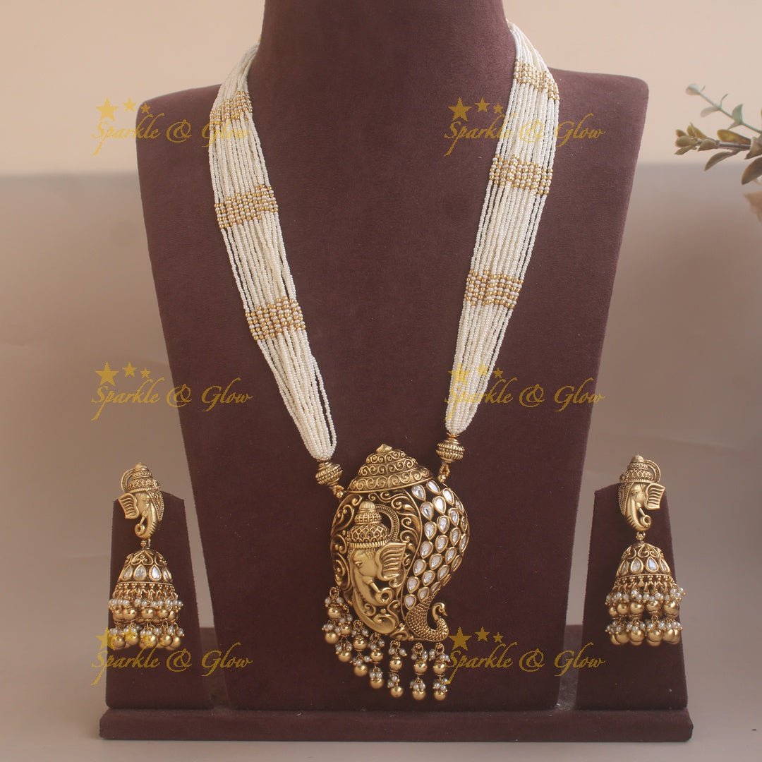 Pearl Ganesha pendent beads haram - Sparkle and Glow - Back Thread - 