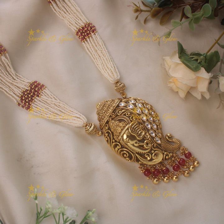 Pearl Ganesha pendent beads haram - Pink Beads