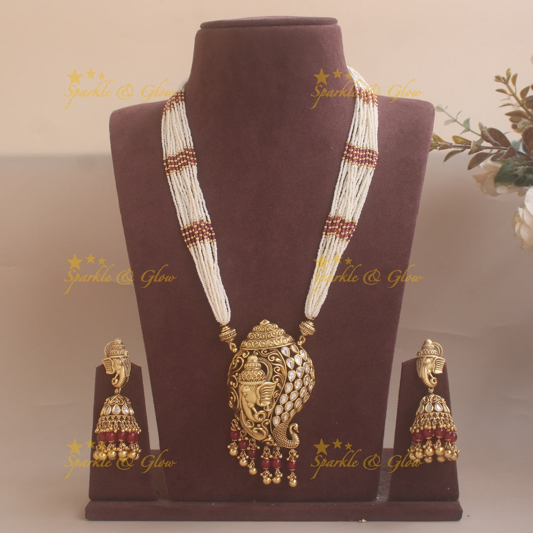 Pearl Ganesha pendent beads haram - Pink Beads