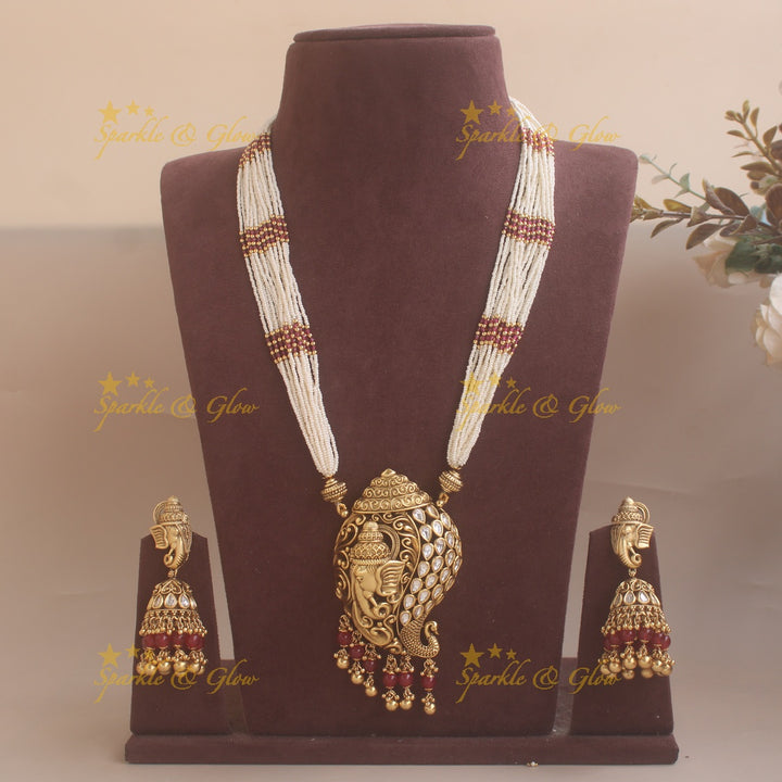 Pearl Ganesha pendent beads haram - Pink Beads