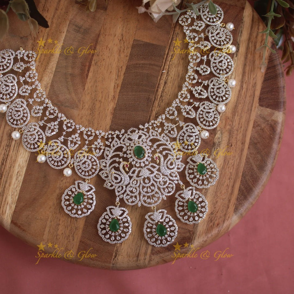 Gorgeous Peacock floral design American diamond short necklace with emerald and pearl - Sparkle and Glow - Back Thread - 