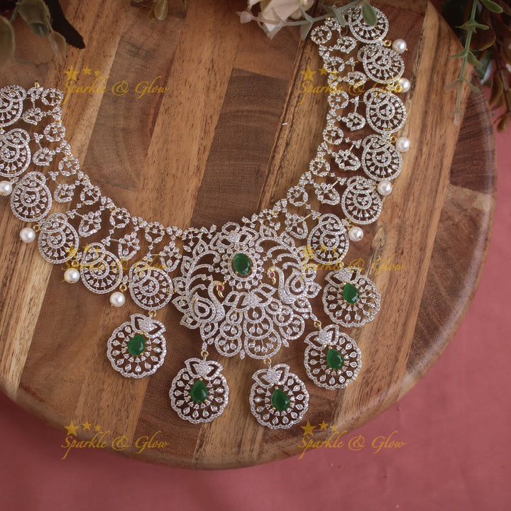 Gorgeous Peacock floral design American diamond short necklace with ruby and pearl - pink