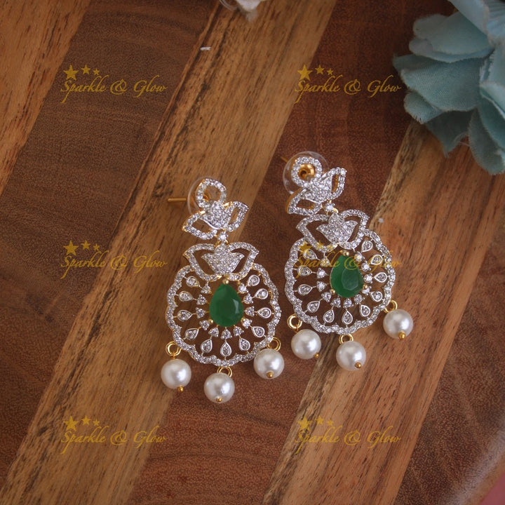 Gorgeous Peacock floral design American diamond short necklace with emerald and pearl - Sparkle and Glow - Back Thread - 