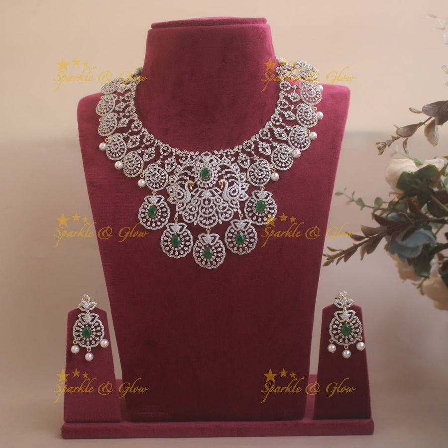 Gorgeous Peacock floral design American diamond short necklace with emerald and pearl - Sparkle and Glow - Back Thread - 