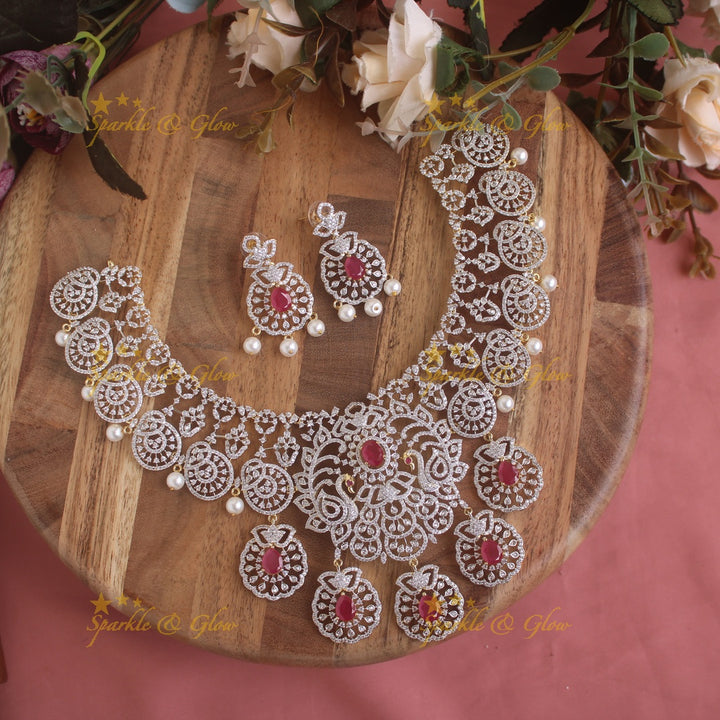 Gorgeous Peacock floral design American diamond short necklace with ruby and pearl - pink