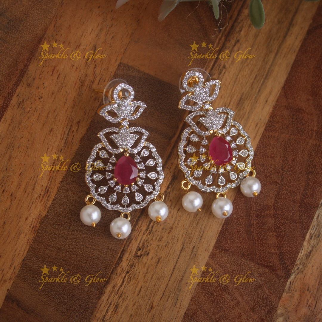 Gorgeous Peacock floral design American diamond short necklace with ruby and pearl - pink
