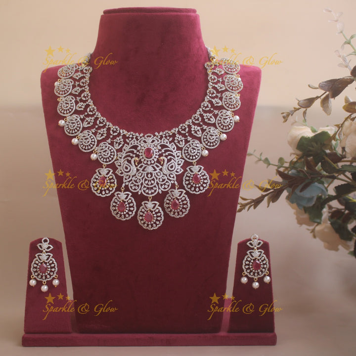 Gorgeous Peacock floral design American diamond short necklace with ruby and pearl - pink